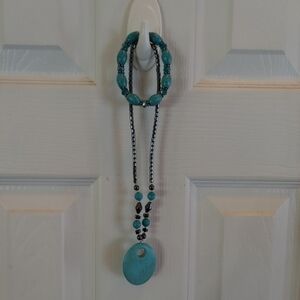 SOUTHWESTERN TURQUOISE STONE PENDANT NECKLACE & BEADES BRACELET SET NWOT Y2k